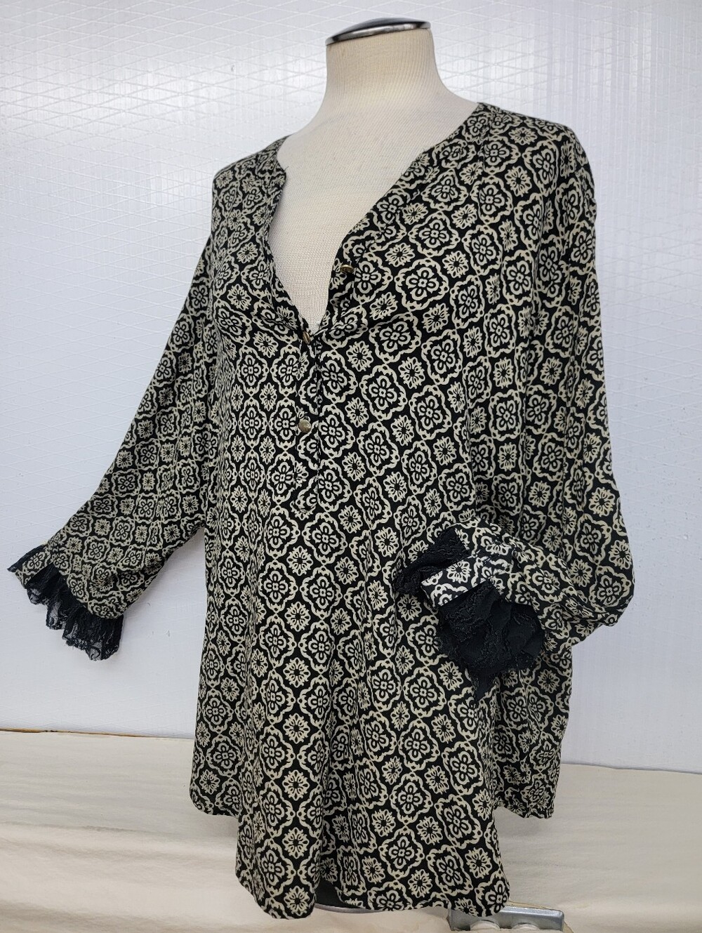 Bohemian Cottage GrungeTunic Blouse with Lace Cuffs - Upcycled